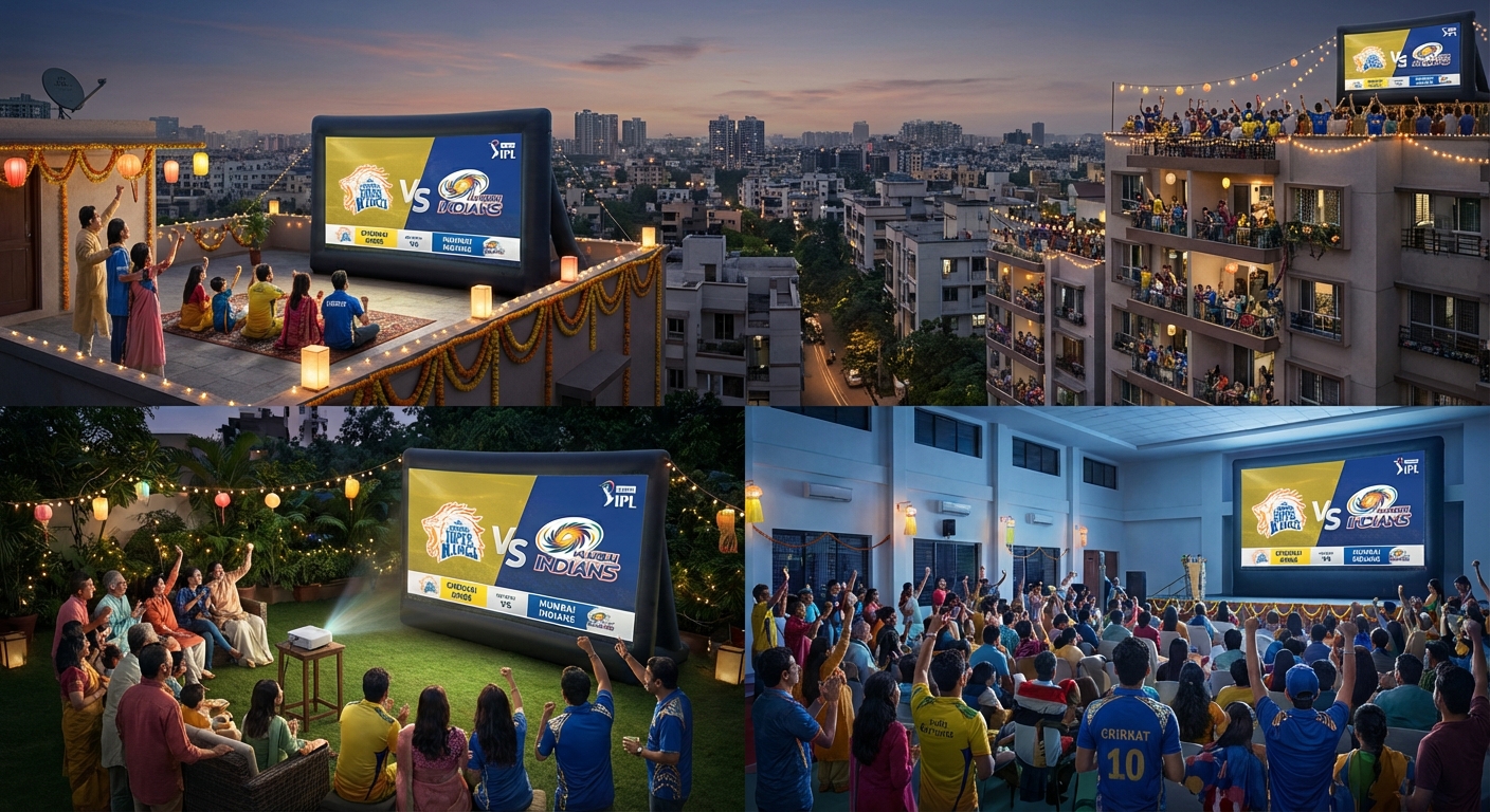 Multiple IPL screening setups across rooftops, lawns, and community spaces at dusk.
