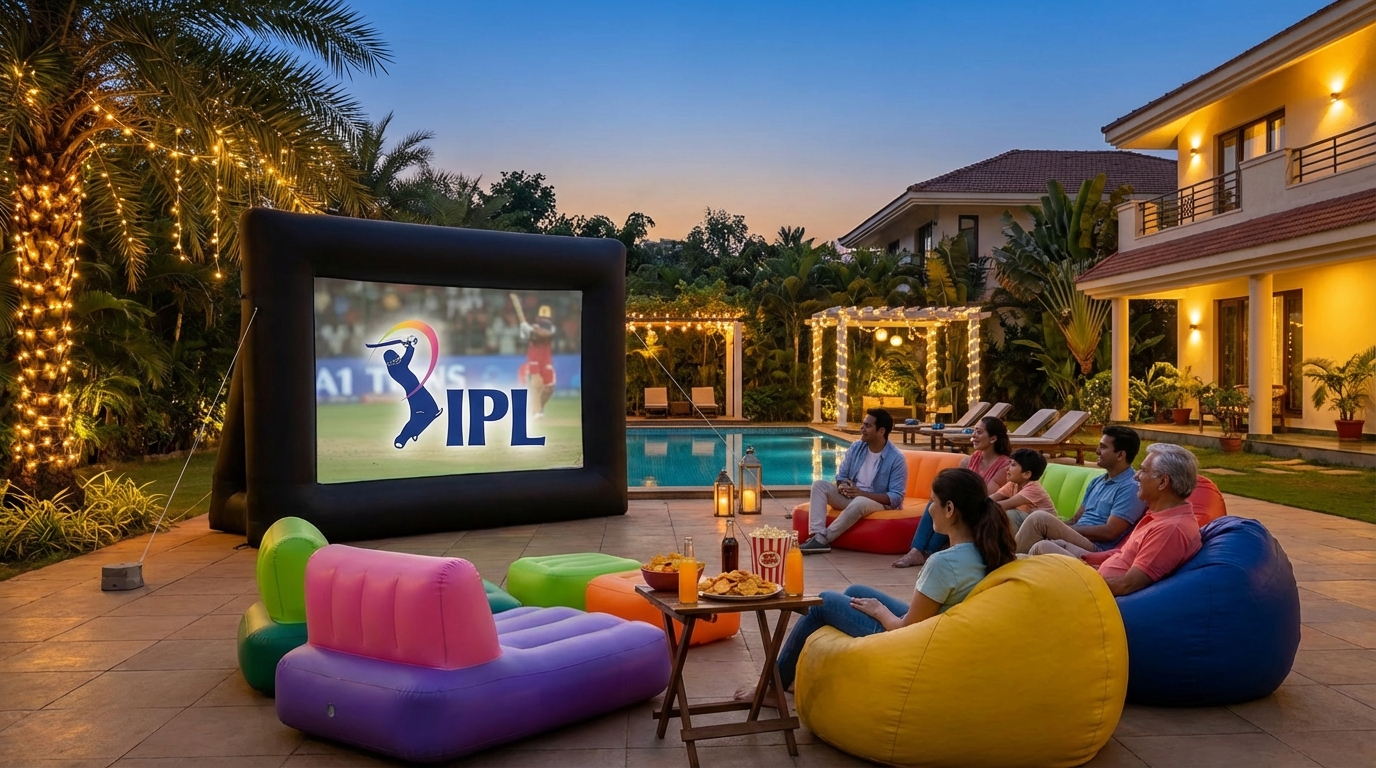 Family watching an IPL match on an outdoor inflatable screen near a pool at night.